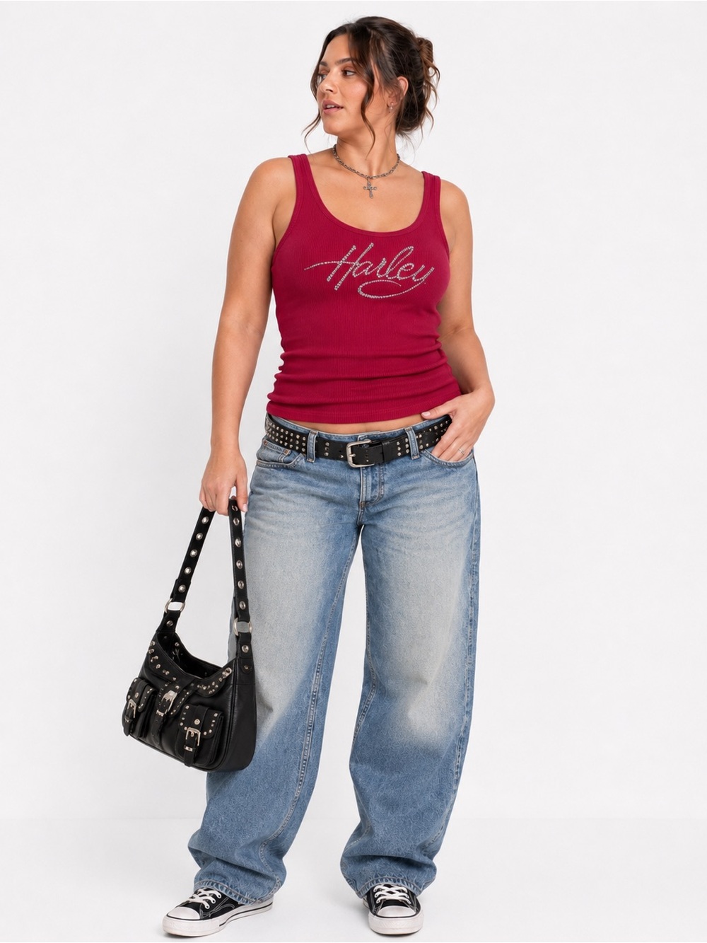 Harley Davidson Red Rhinestone Ribbed Tank Top L Y2K Biker